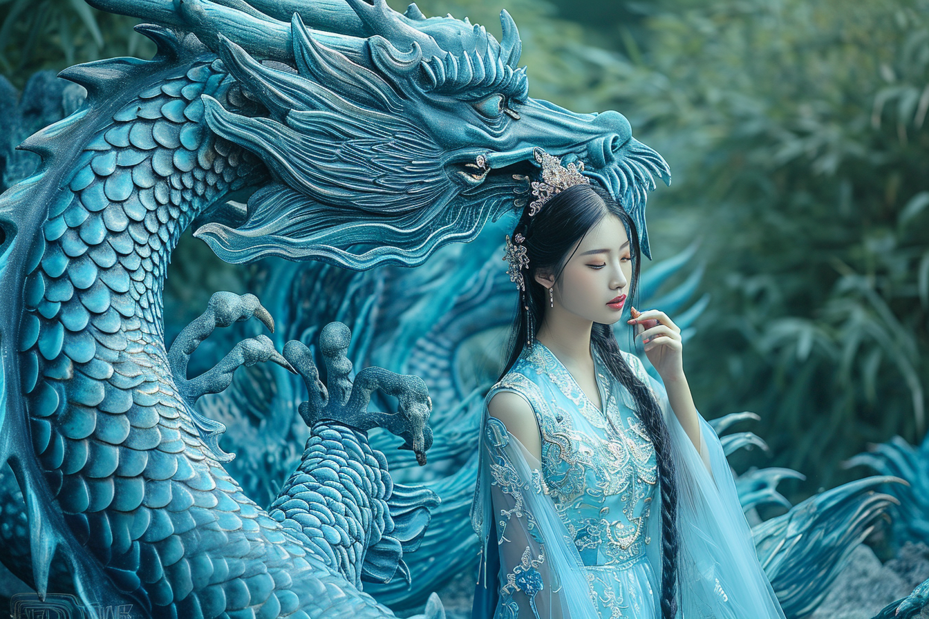 Chinese model in fashionable hanfu with dragon