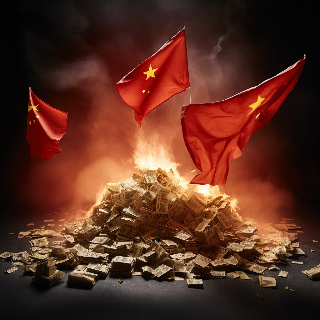 China economic slowdown with burning flags