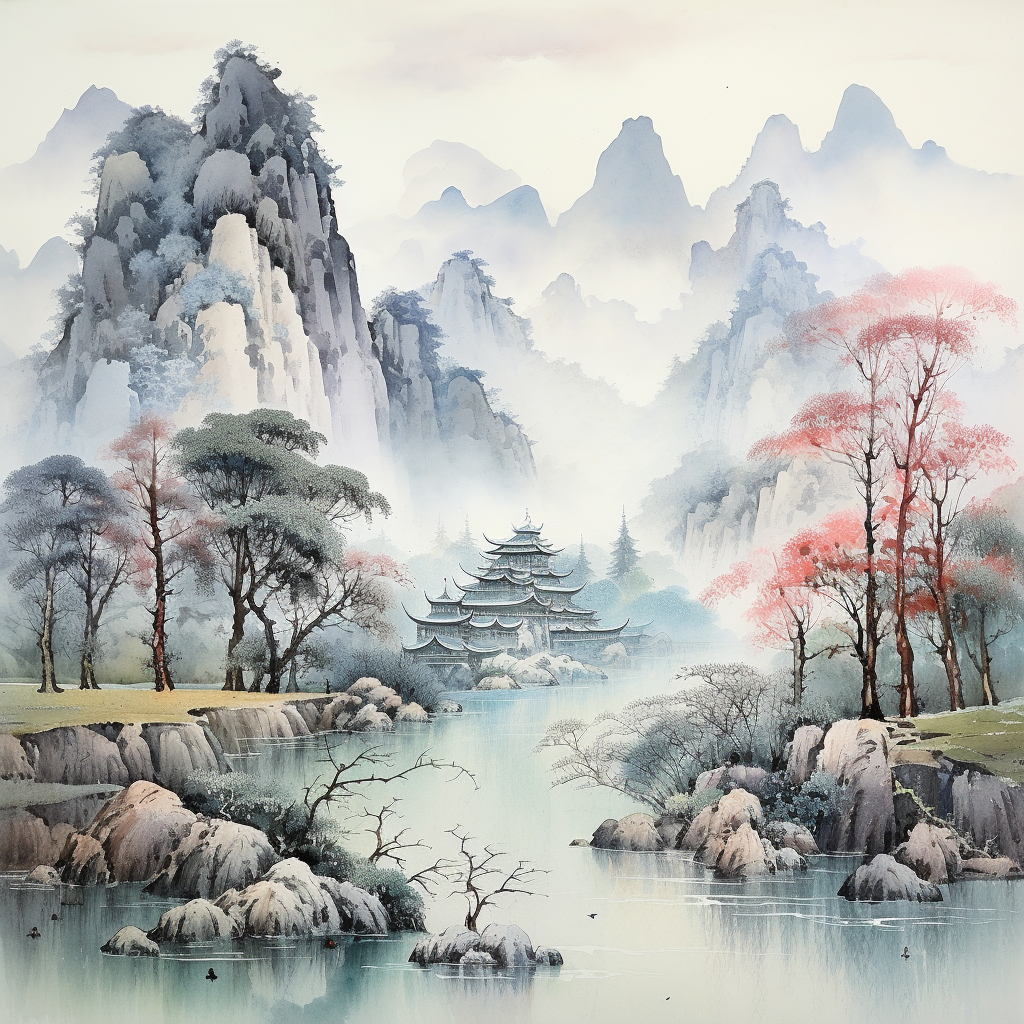 Serene watercolor painting of Chinese landscape