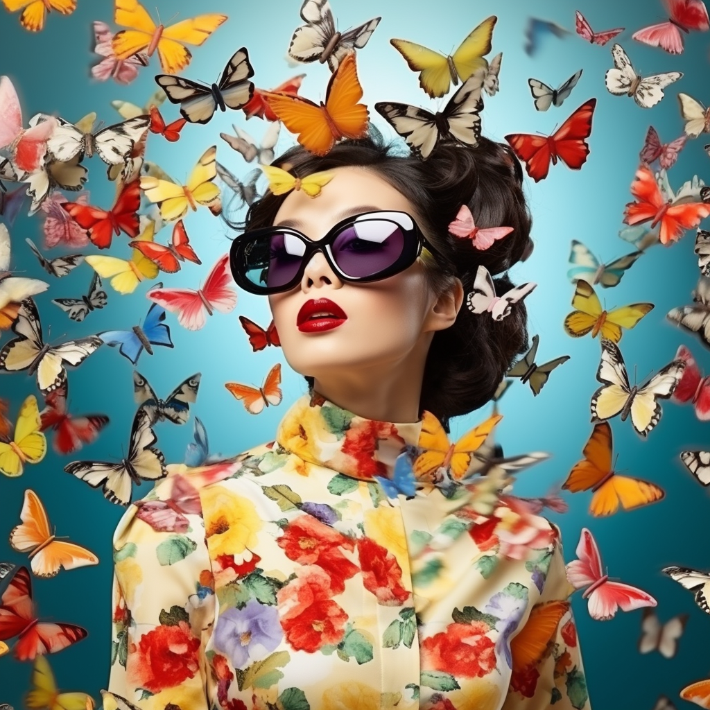 Fashionable china woman with colorful butterflies