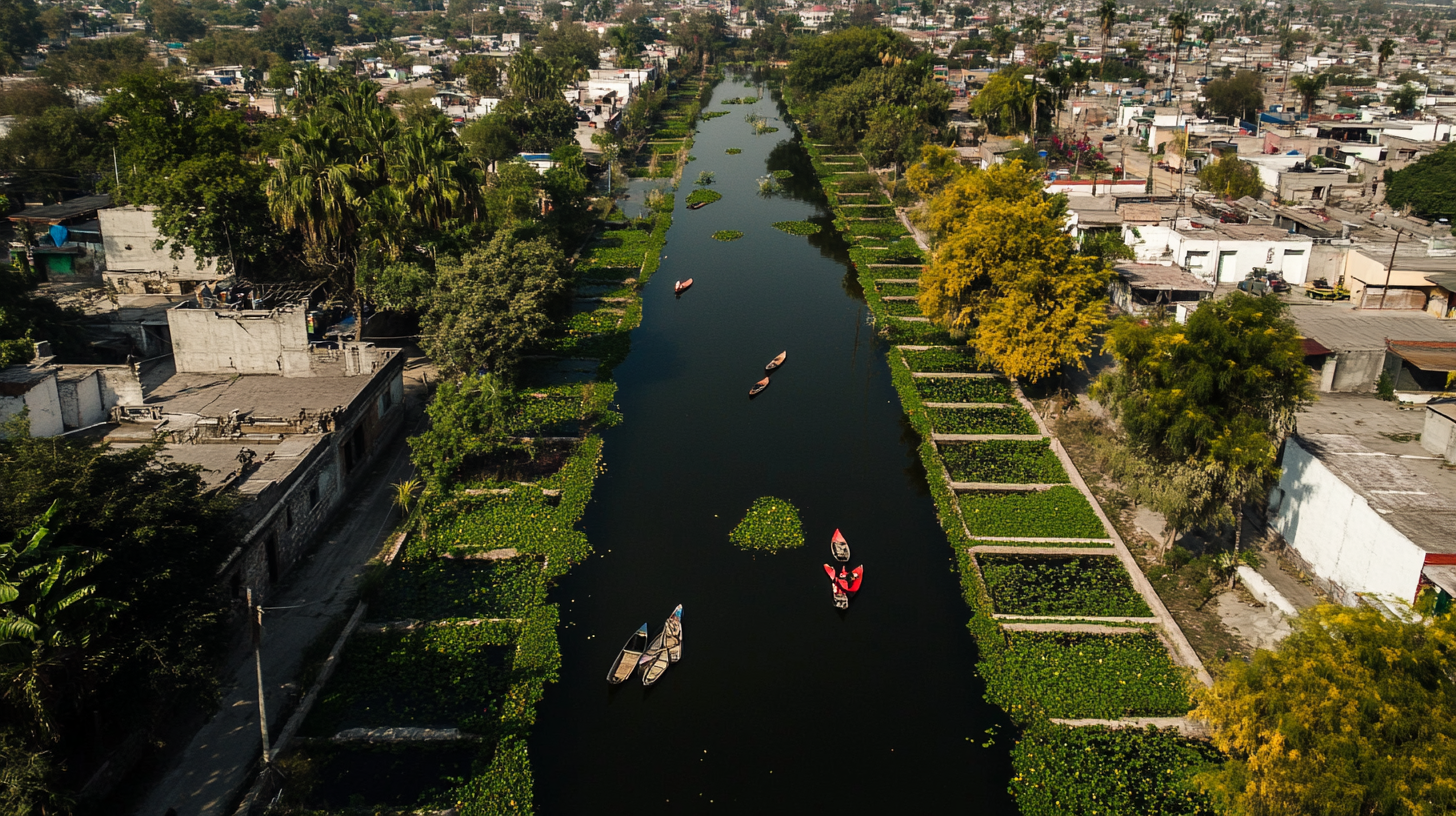 Diagonal view chinampa gardens canals