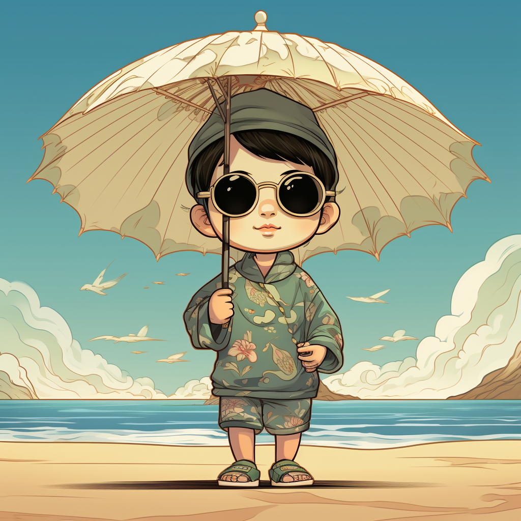 Chinese baby enjoying beach with sunscreen and umbrella