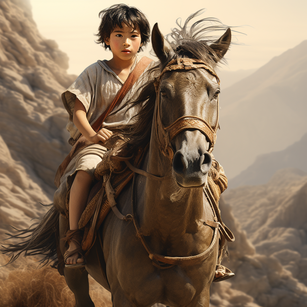 Chinese boy leading brown horse on mountain