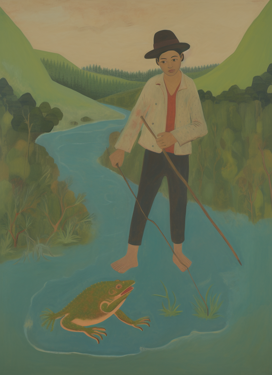 Chinese boy crossing river with giant frog