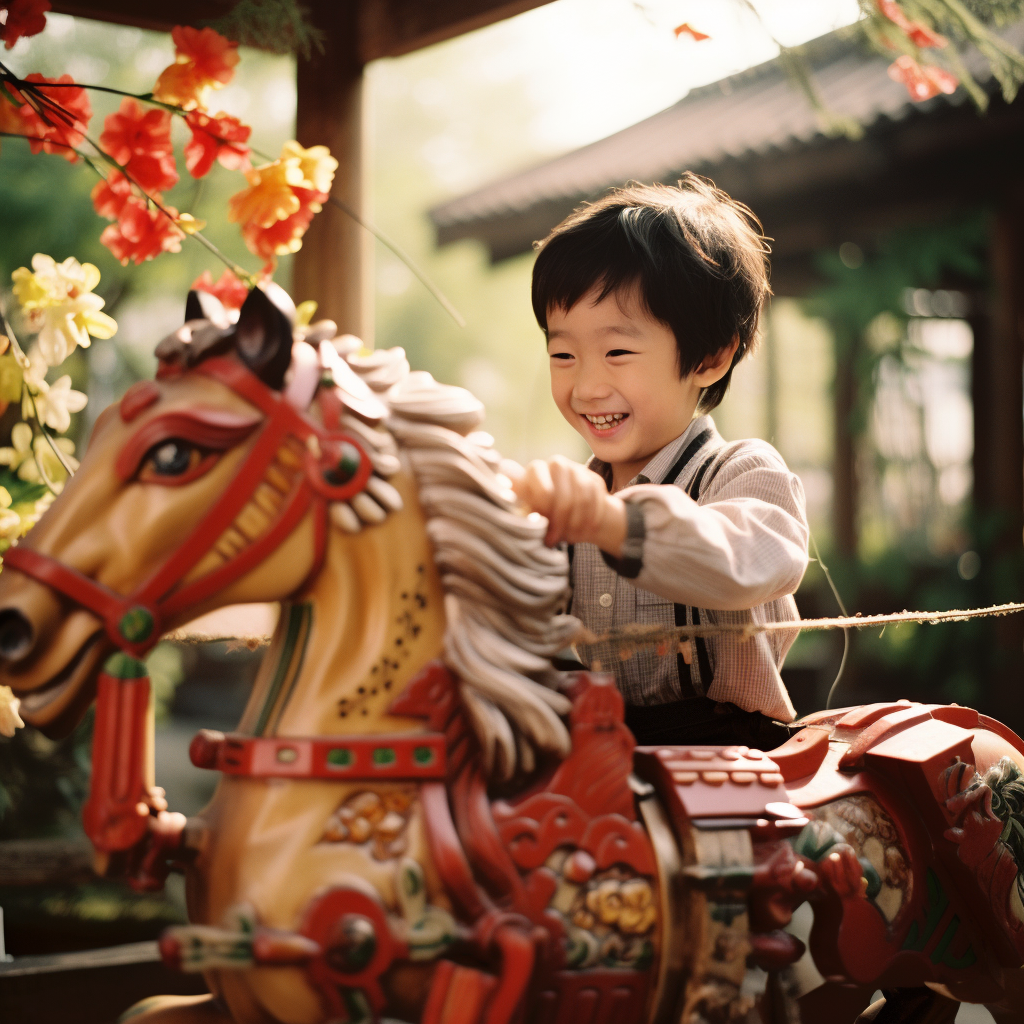 Young Chinese boy playing on wooden horse