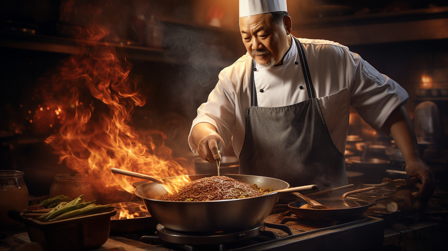 Chinese chef cooking with dramatic lighting