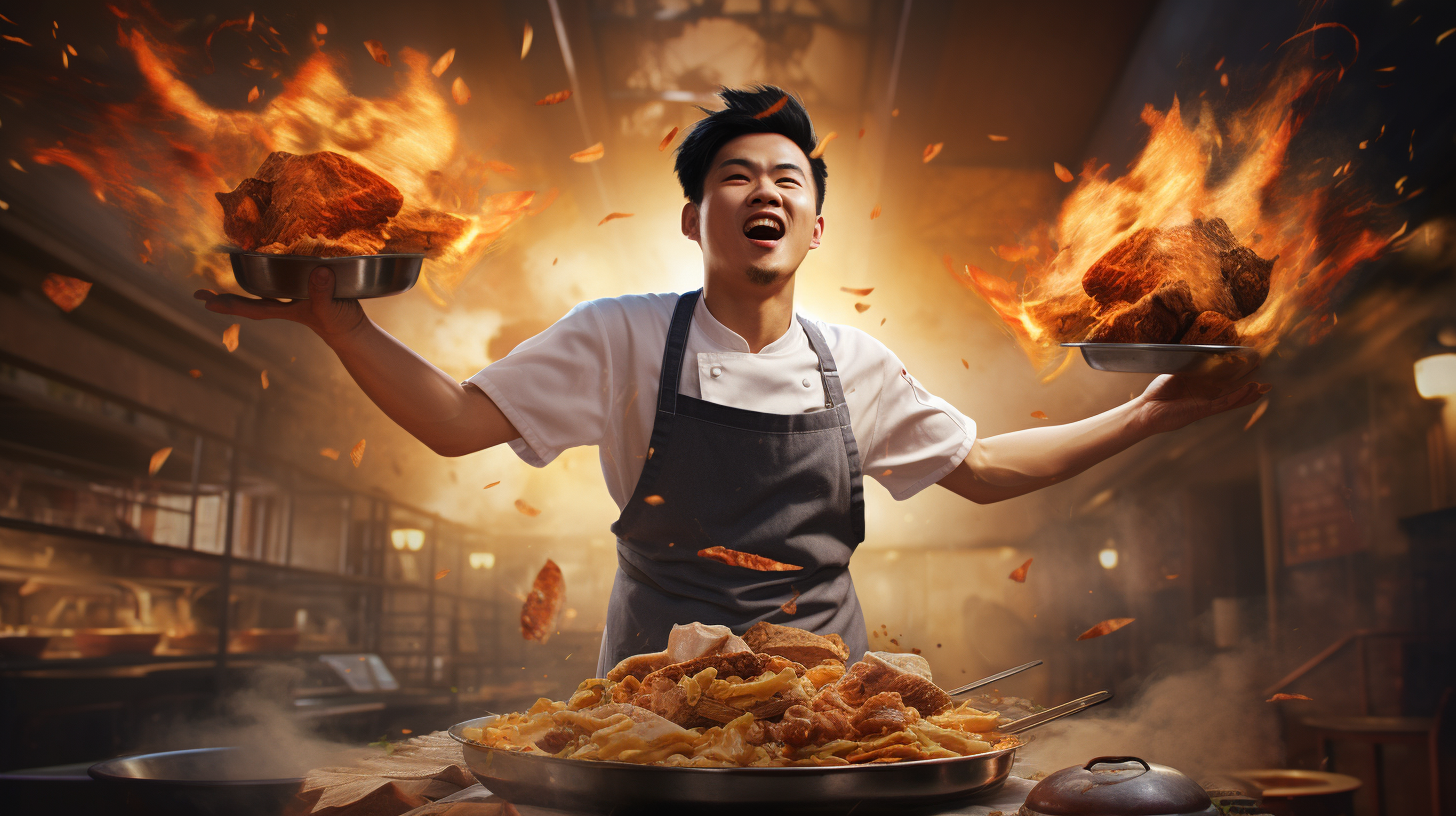 Young Chinese chef tosses food dramatically