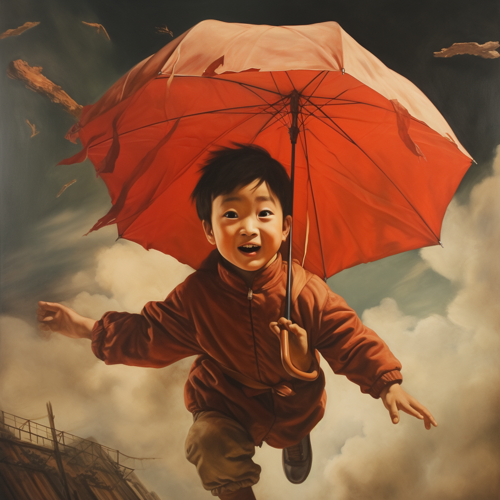 Chinese Child Flying with Umbrella