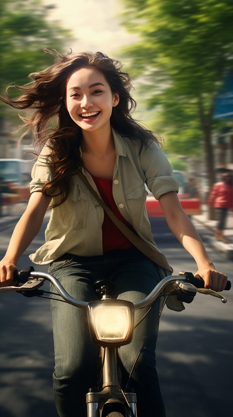 Young Chinese woman riding a bicycle