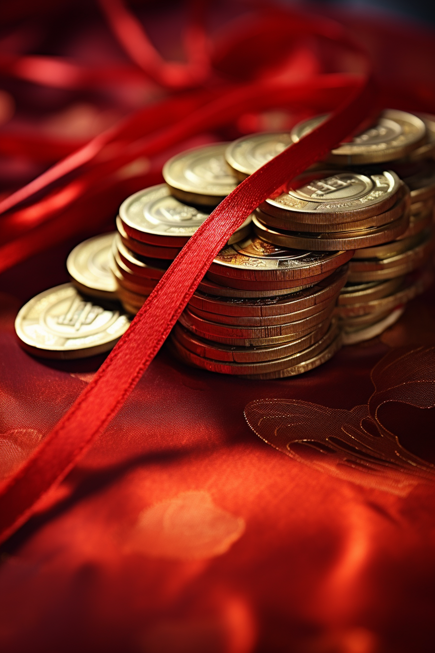 Chinese coins tied with red ribbon for feng shui