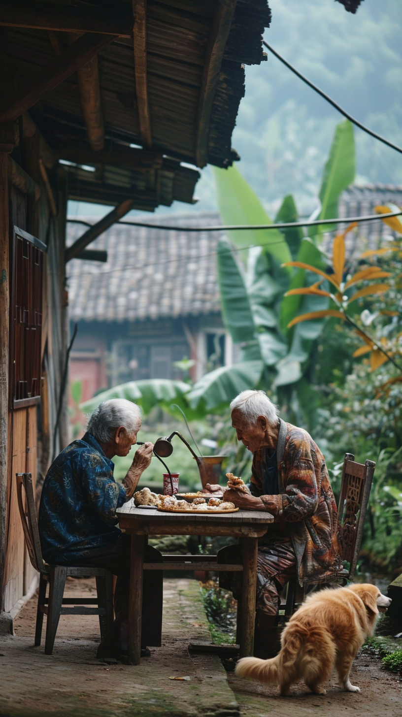 Elderly Couple Having Dinner Outdoors in Chinese Countryside