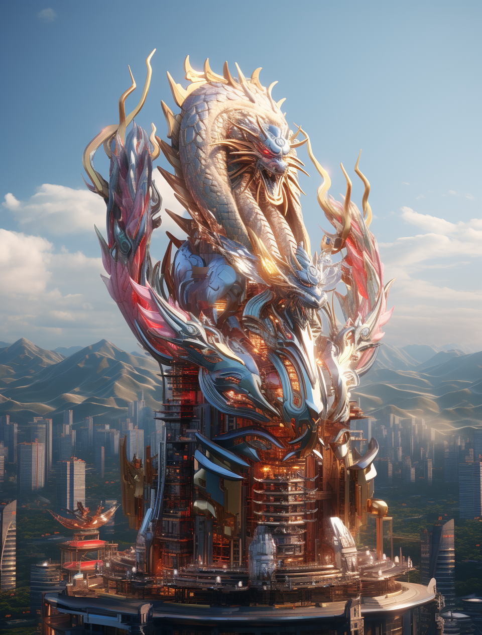 Futuristic Chinese Dragon in Cyber City