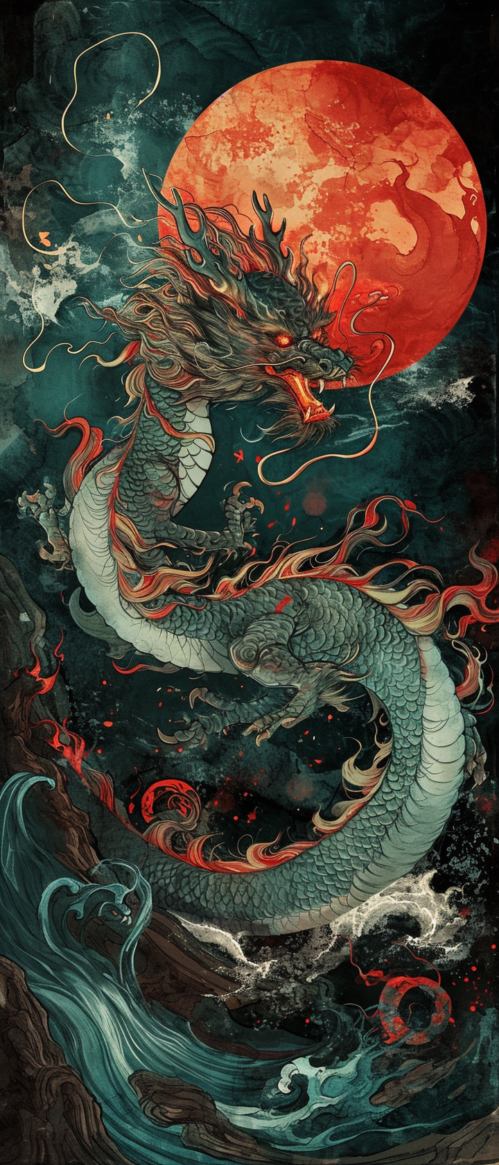 Chinese dragon in dark aquamarine and red