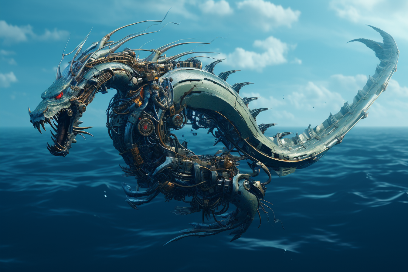 Cyberpunk Chinese Dragon Flying over Calm Sea