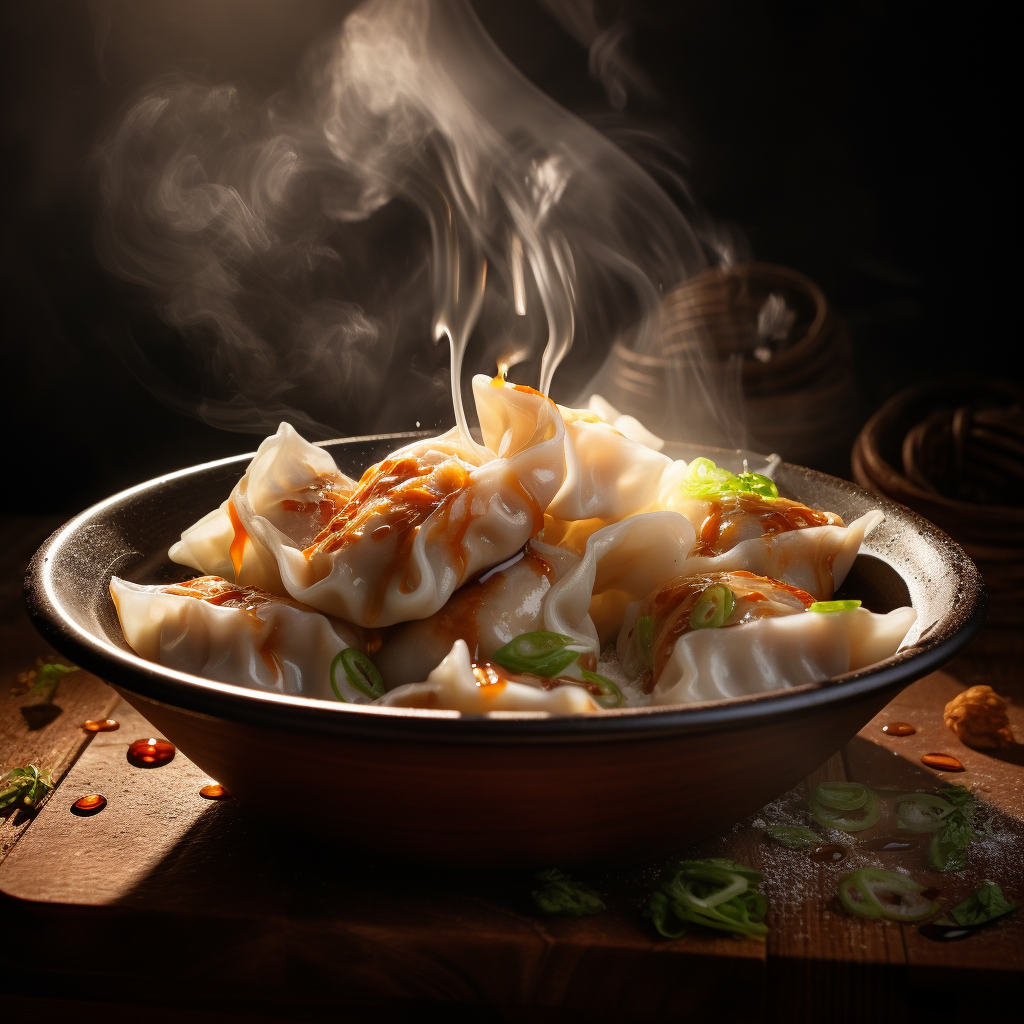 Steaming hot Chinese dumplings on white plate