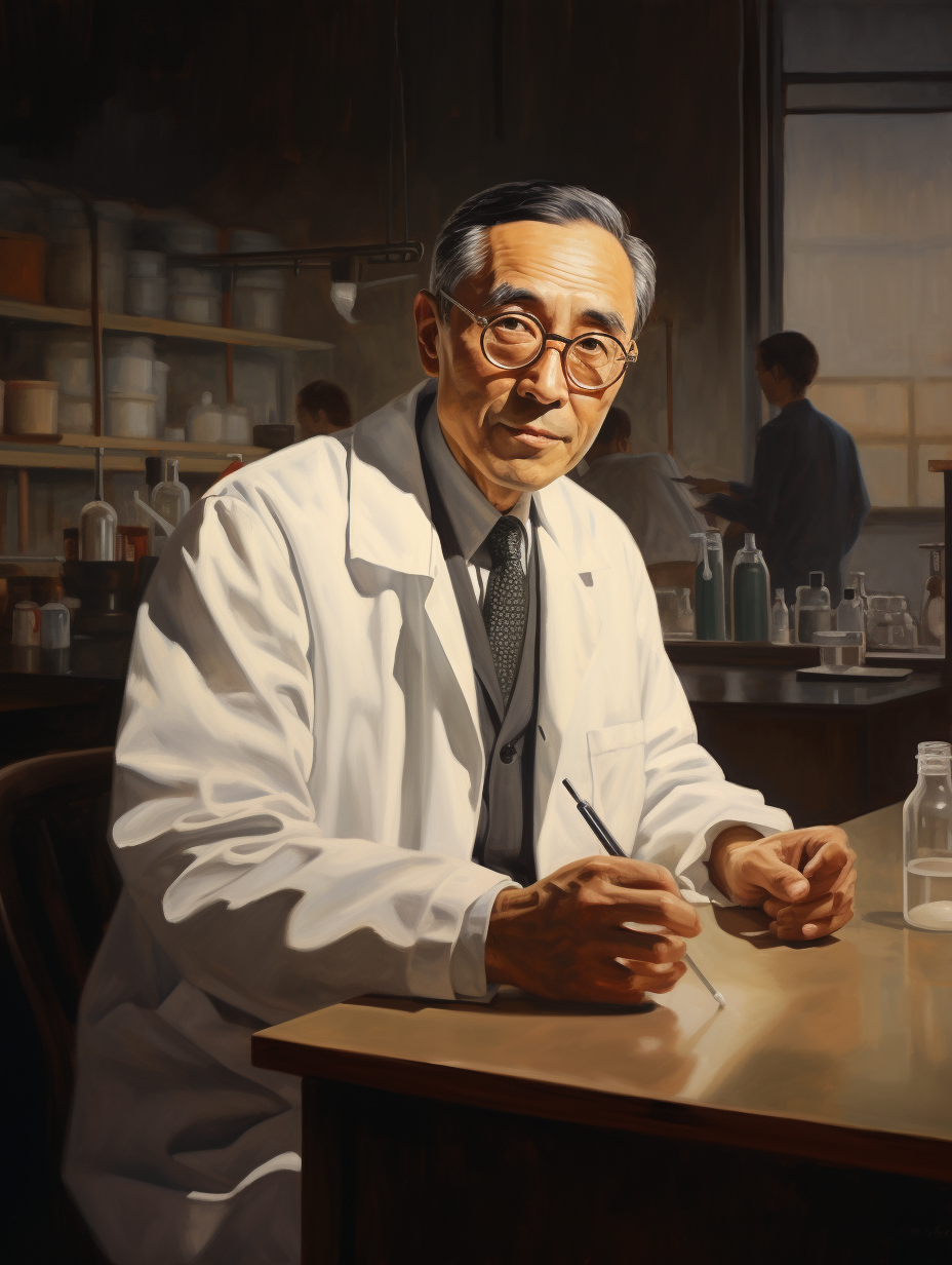 Elderly Chinese person in laboratory with stethoscope and glasses