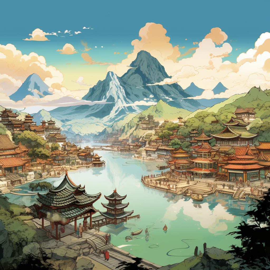 Chinese fantasy D&D small town by the river