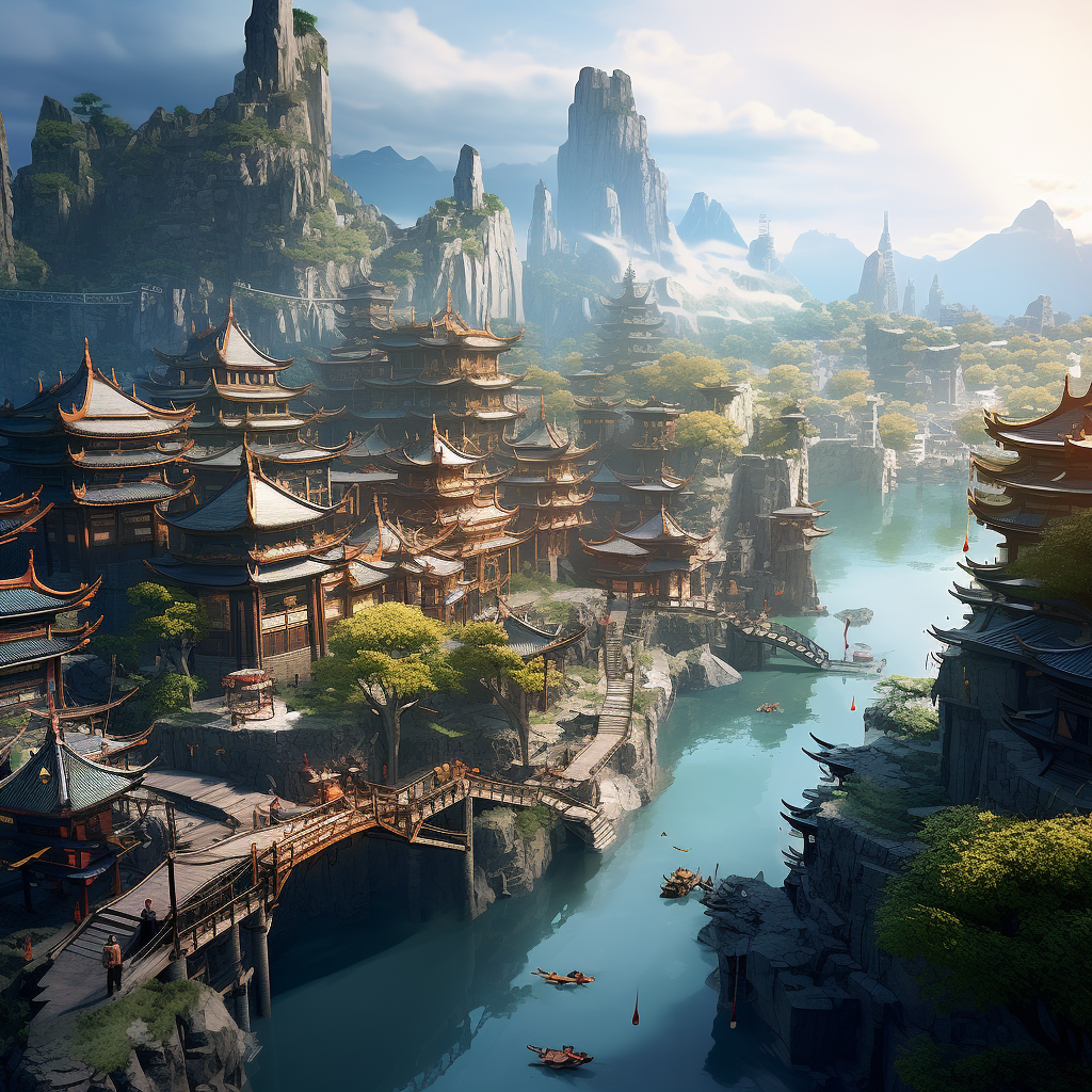 Chinese fantasy town with river