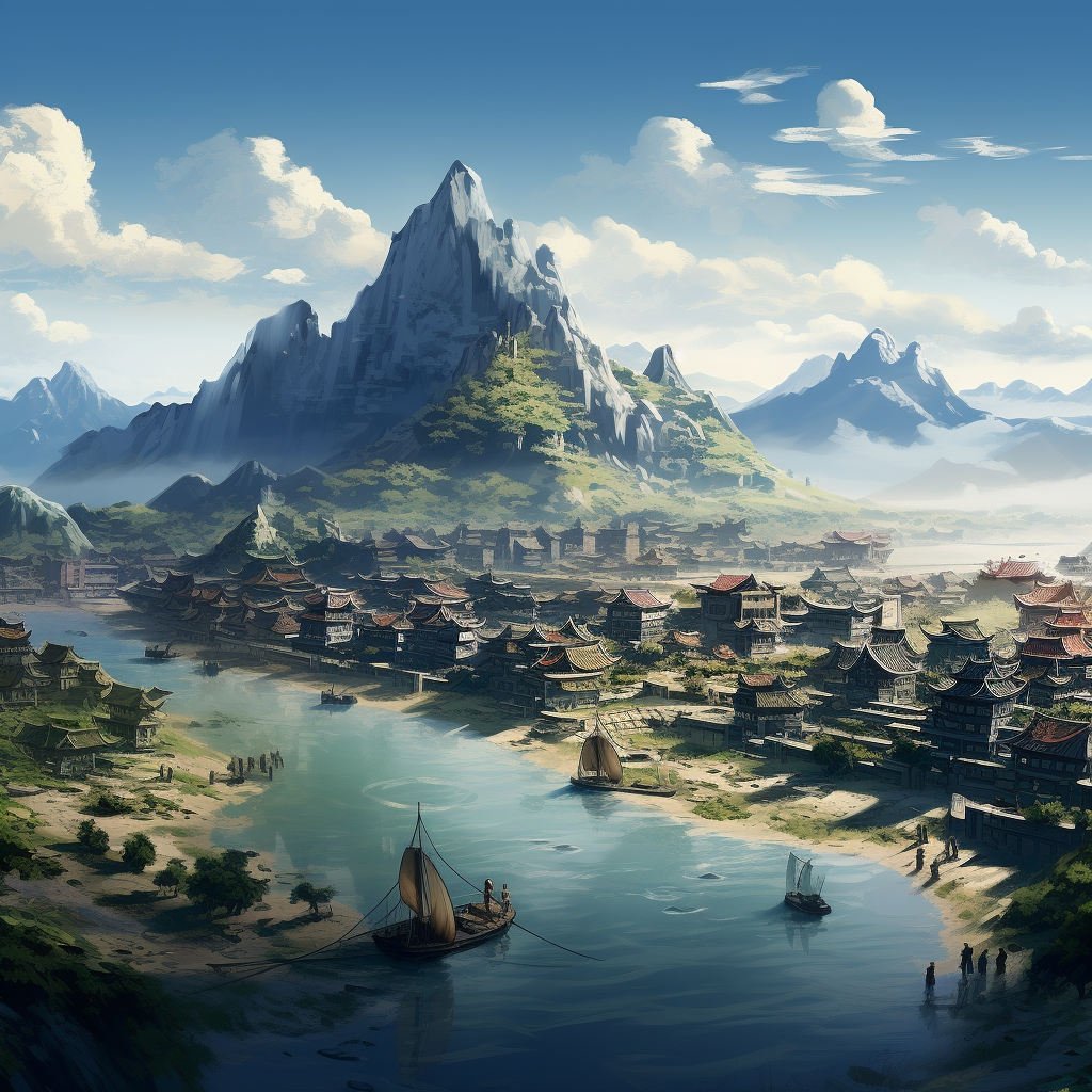 Scenic chinese fantasy small town with river and mountain