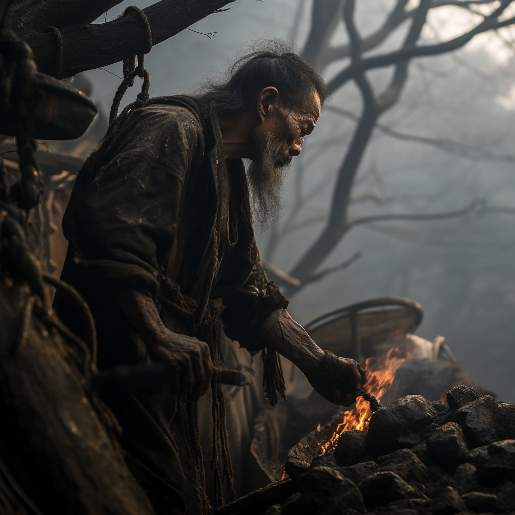 Ancient Chinese farmer making charcoal on Nanshan Mountain