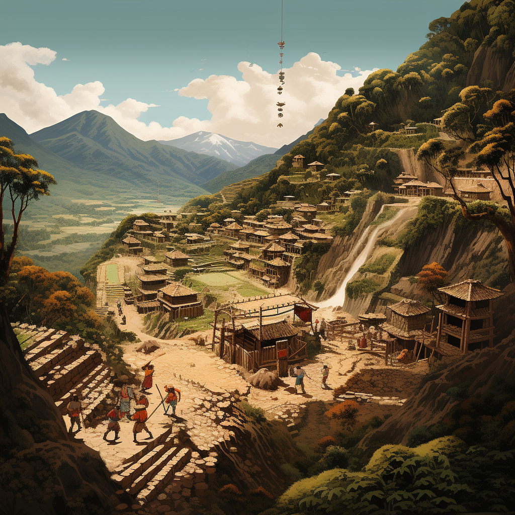 Bronze age Chinese farmers working in terraced field