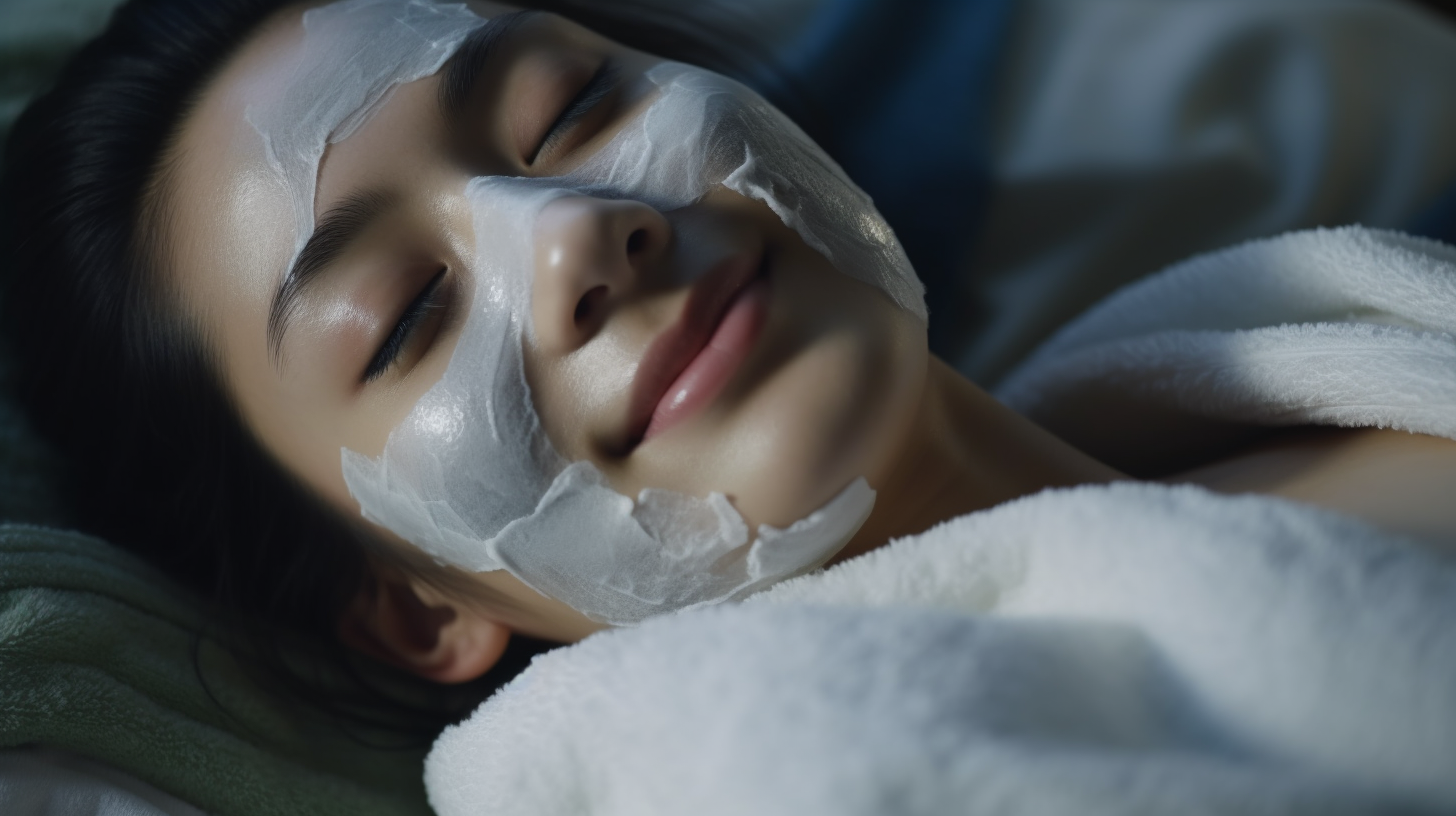 Chinese woman applying facial mask at home