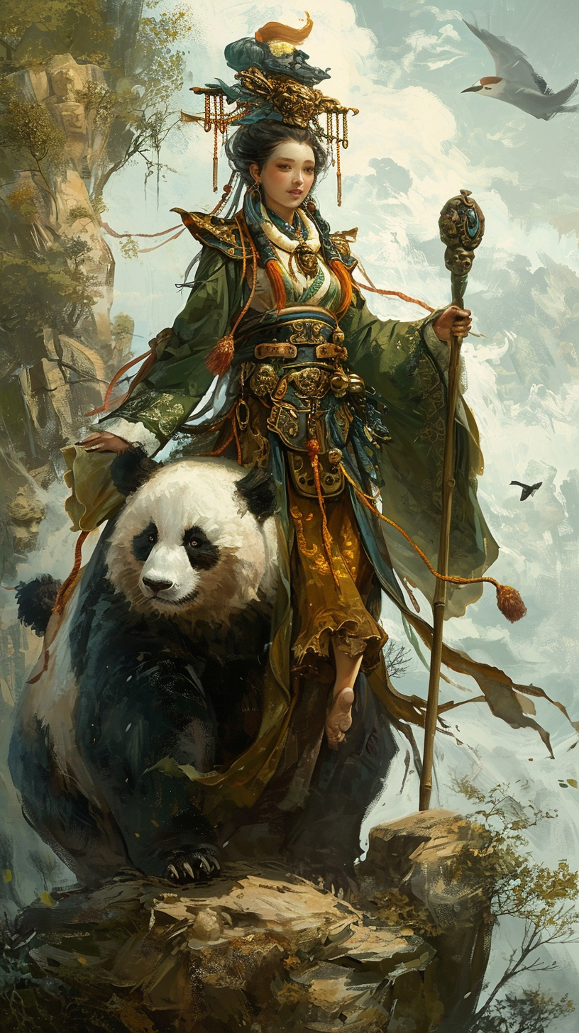 Chinese female shaman riding giant panda