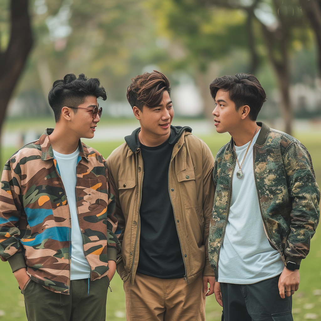 Hot handsome Chinese Filipino men in park