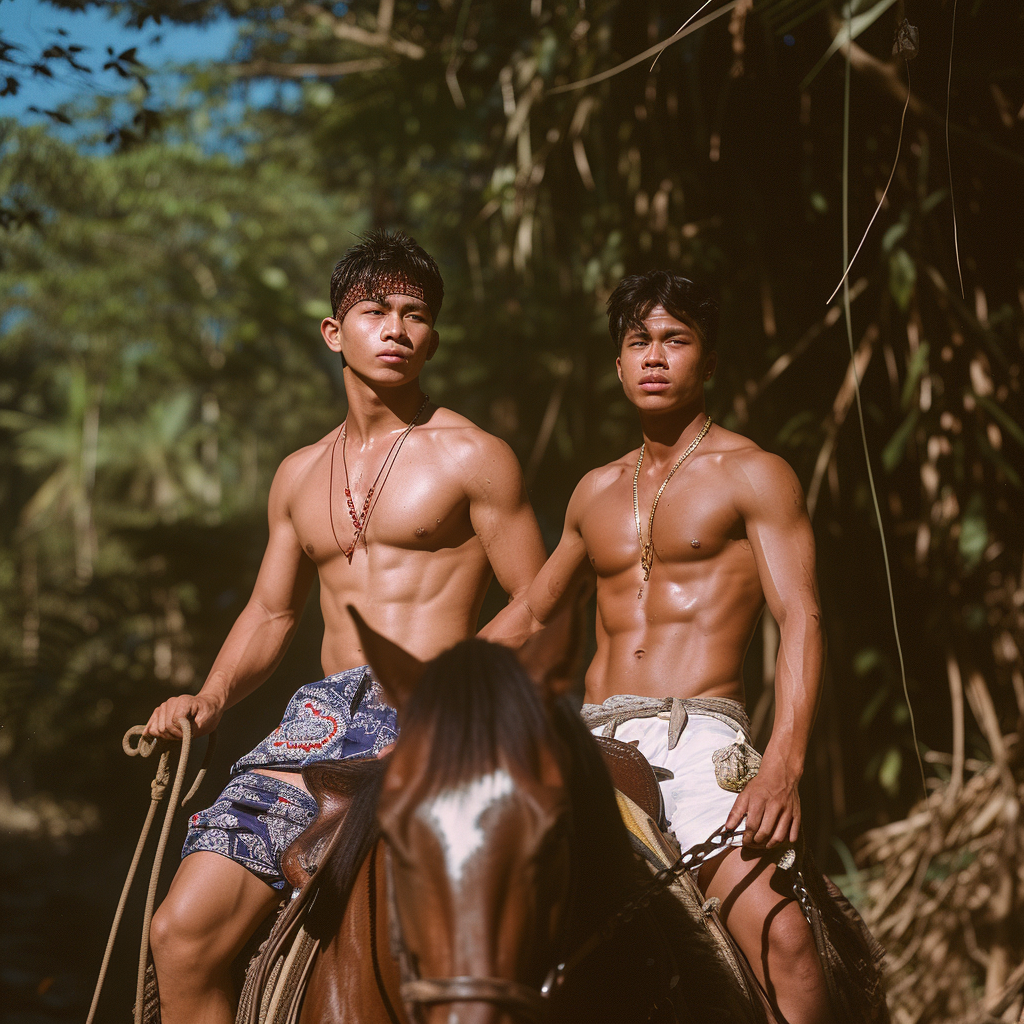 Handsome Chinese Filipino Men Holding Hands Horse Riding in Jungle