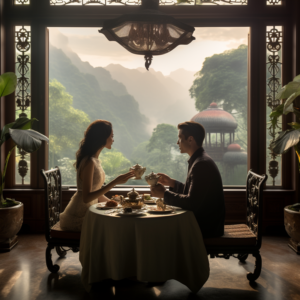 Couple enjoying Chinese food in luxury room