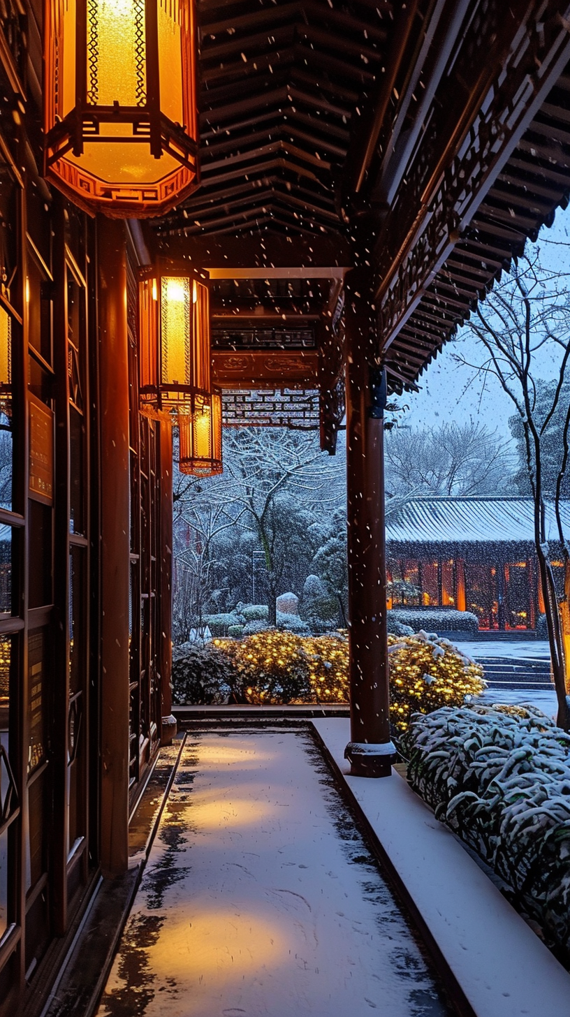 Chinese Garden at High-End Hotel Night Snow