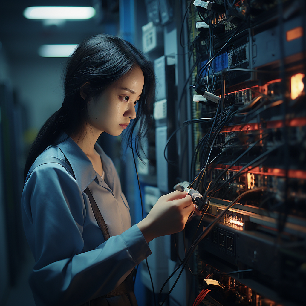 Chinese girl engineer in server room