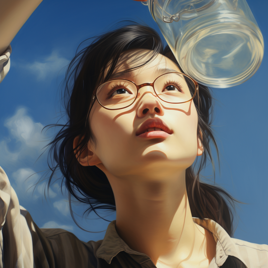 Chinese girl looking at the sky through a glass lens