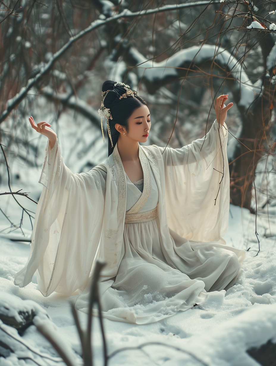 Chinese girl meditating in the snow blur