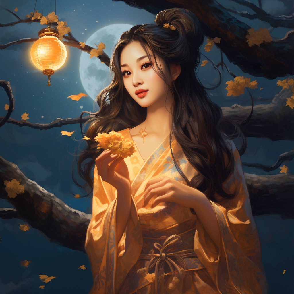 Smiling Chinese Girl with Mooncake in Night Sky