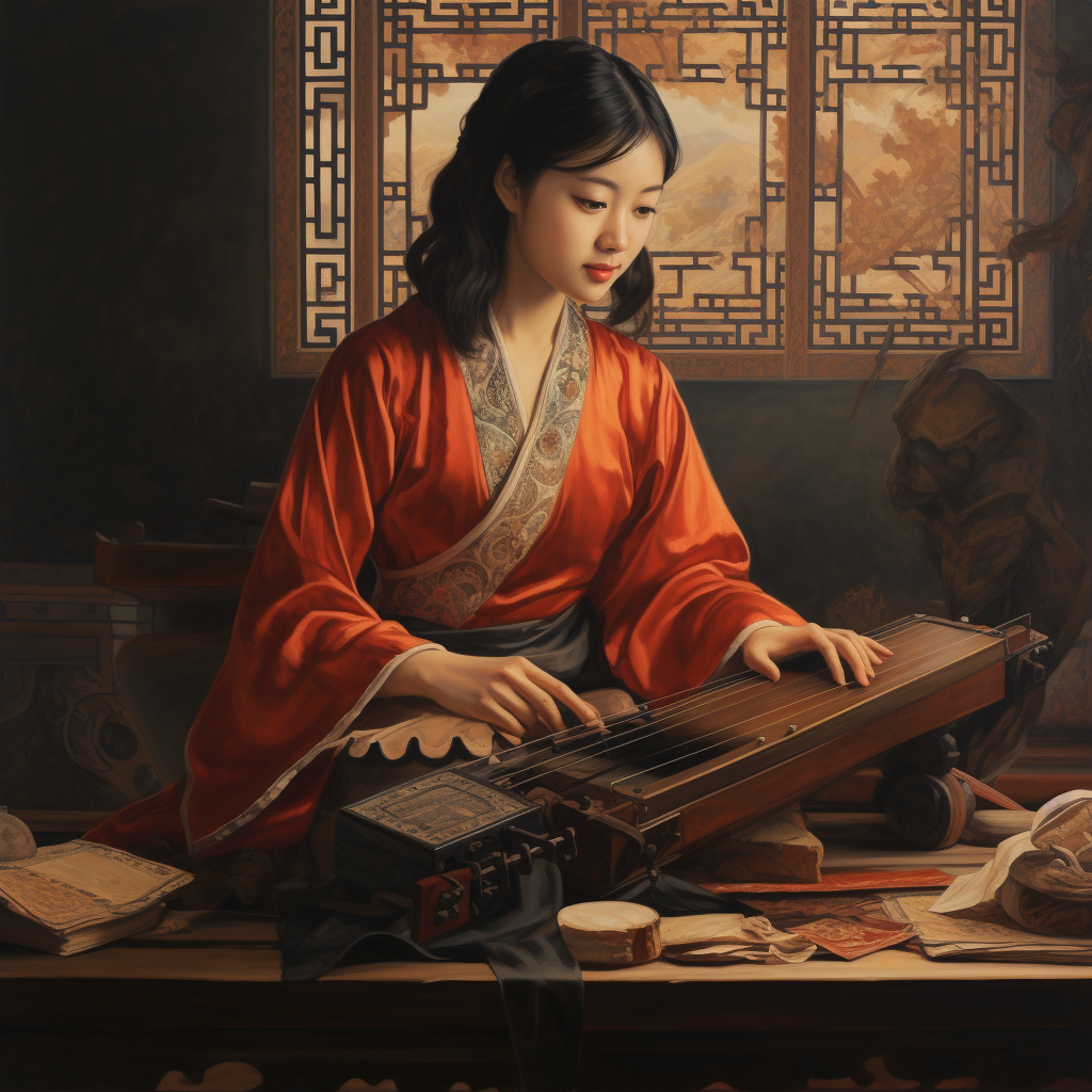 Chinese girl playing zither with grace