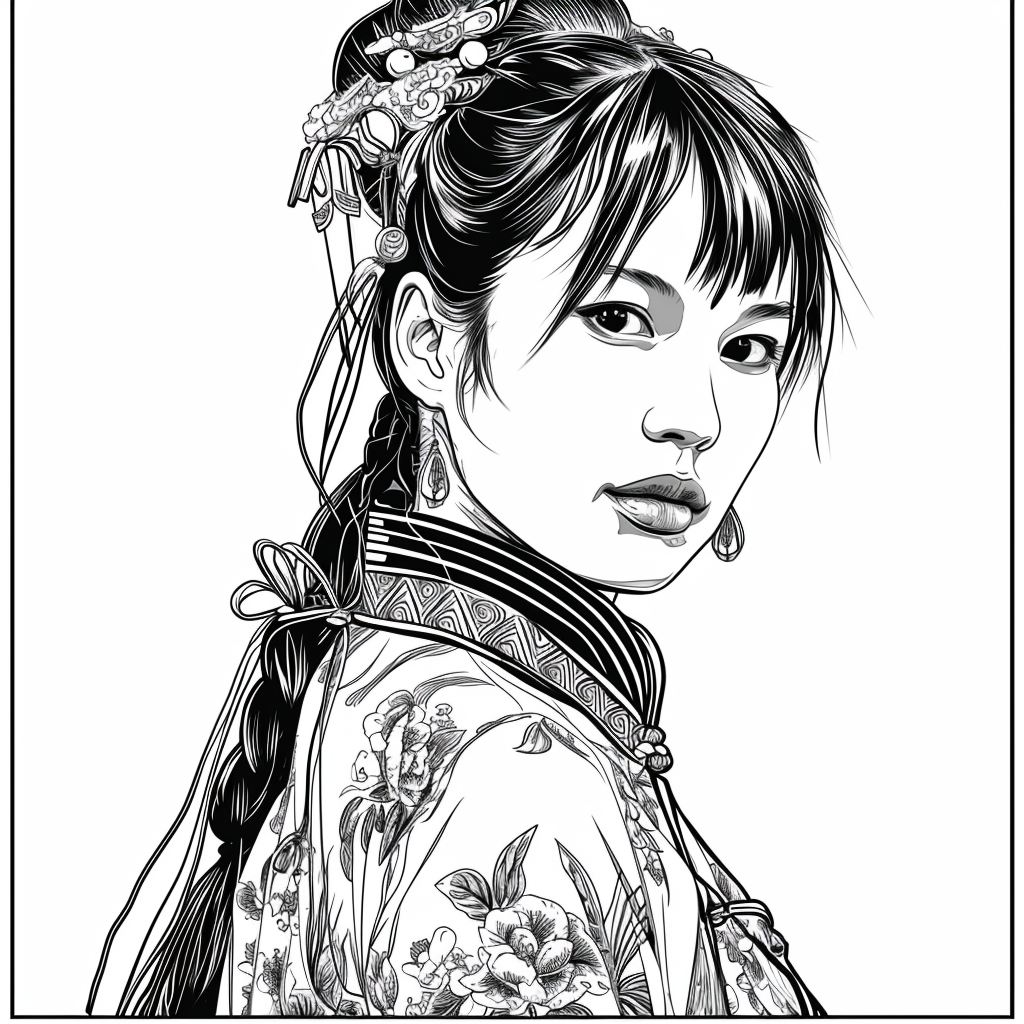 Engraved Chinese girl portrait for coloring book