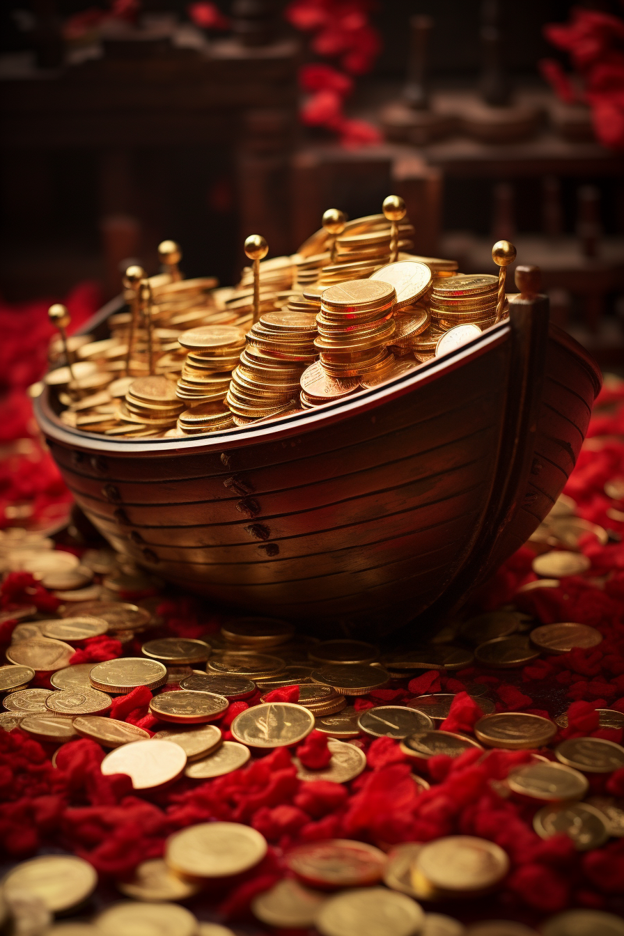 Chinese gold coins on red cloth in boat