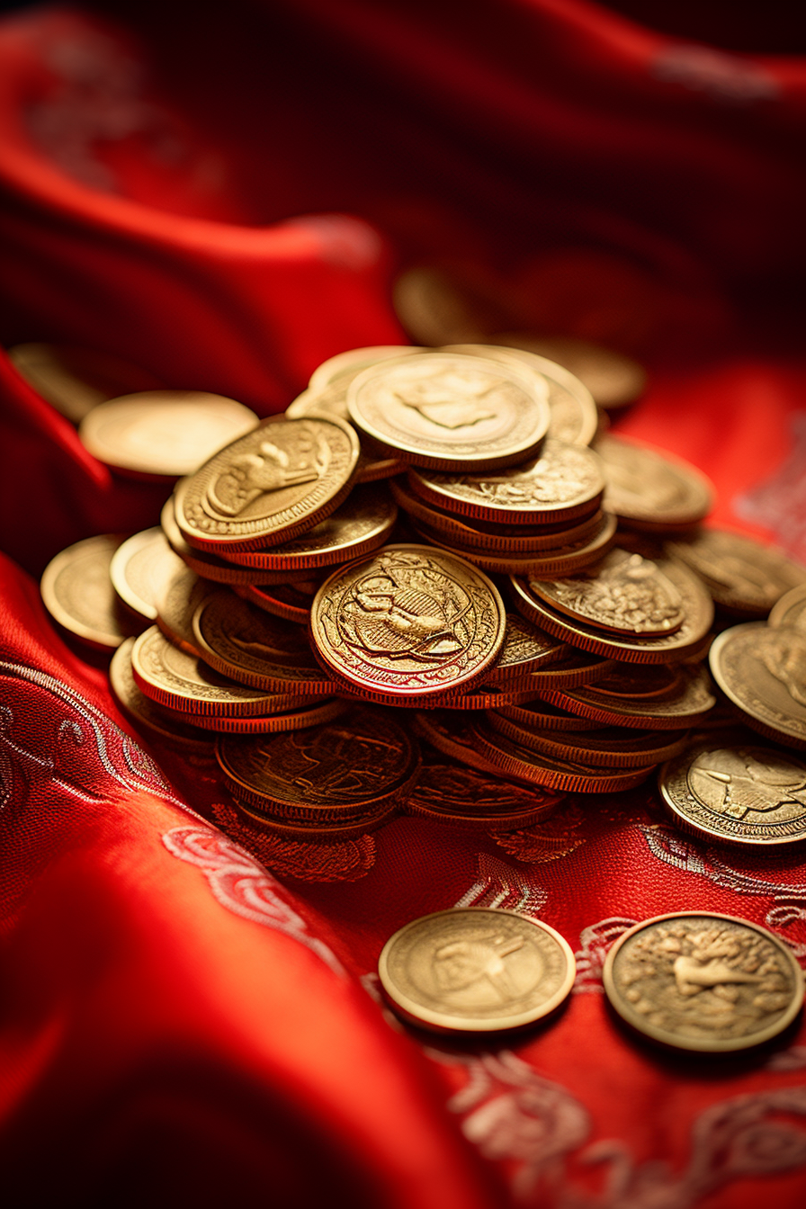 Chinese gold coins on red cloth