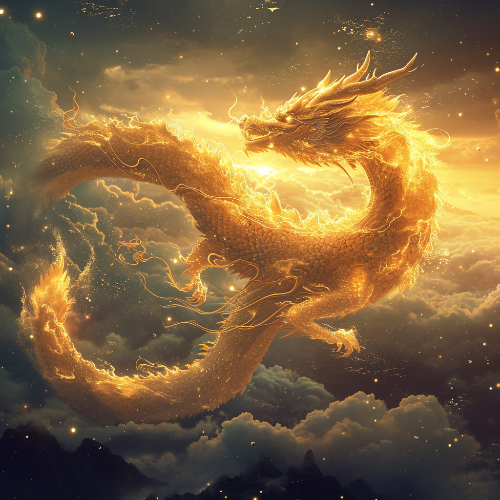 Chinese Gold Dragon Flying in the Sky