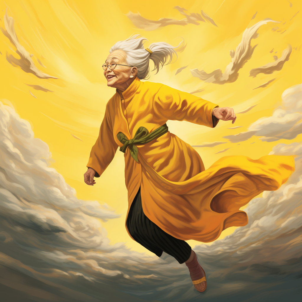 Elderly Chinese woman chasing wind in yellow attire