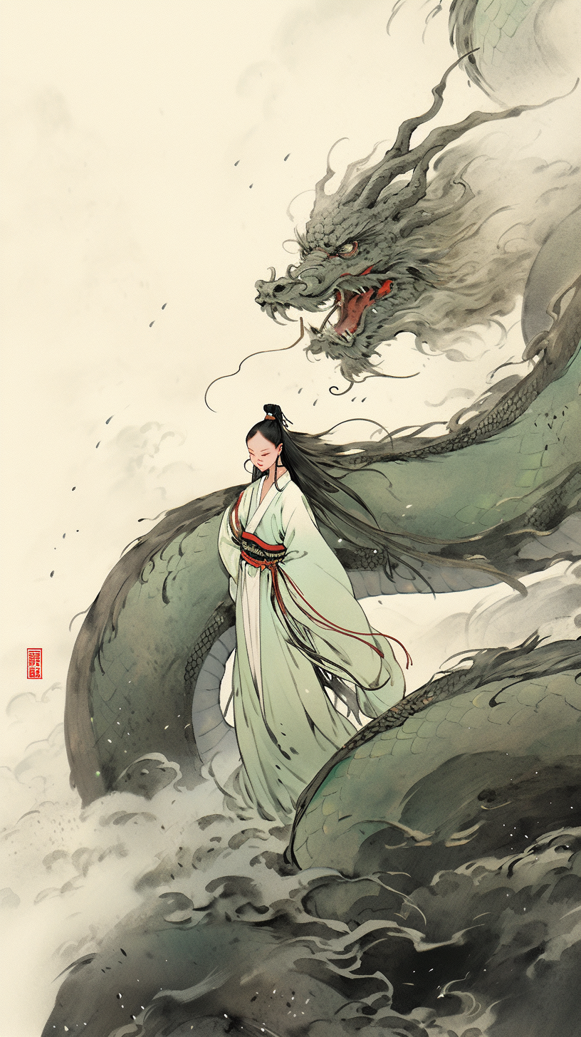 Chinese girl facing giant green dragon