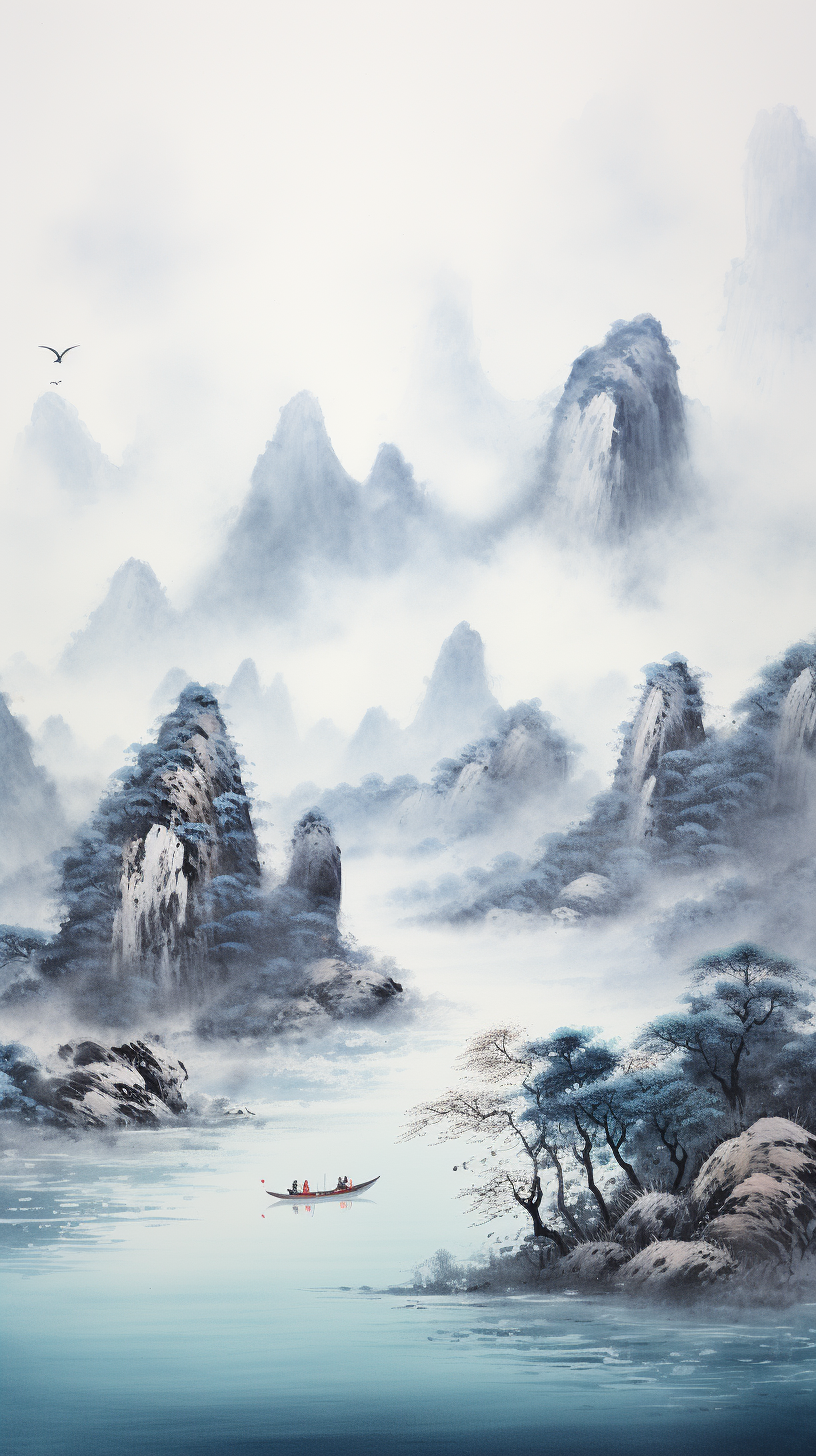 Beautiful Chinese Ink Splashed Landscape with Water and Mountains