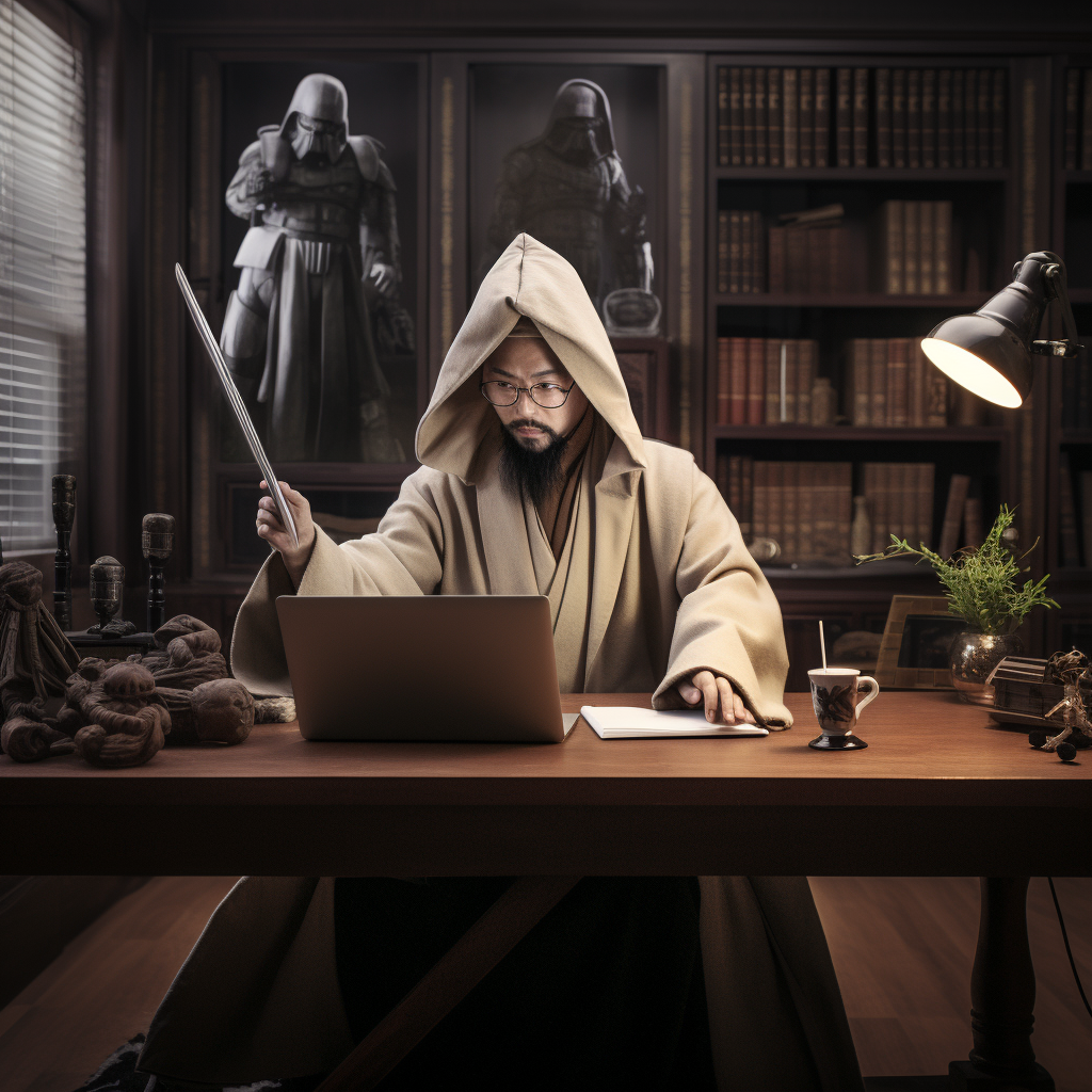 Chinese Jedi working in an office wearing glasses