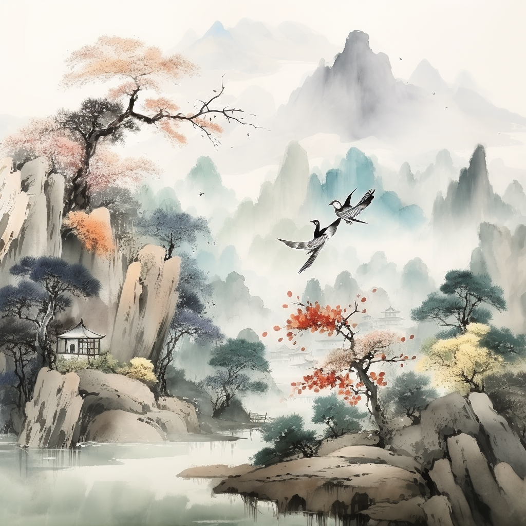 Majestic birds in a Chinese jungle landscape