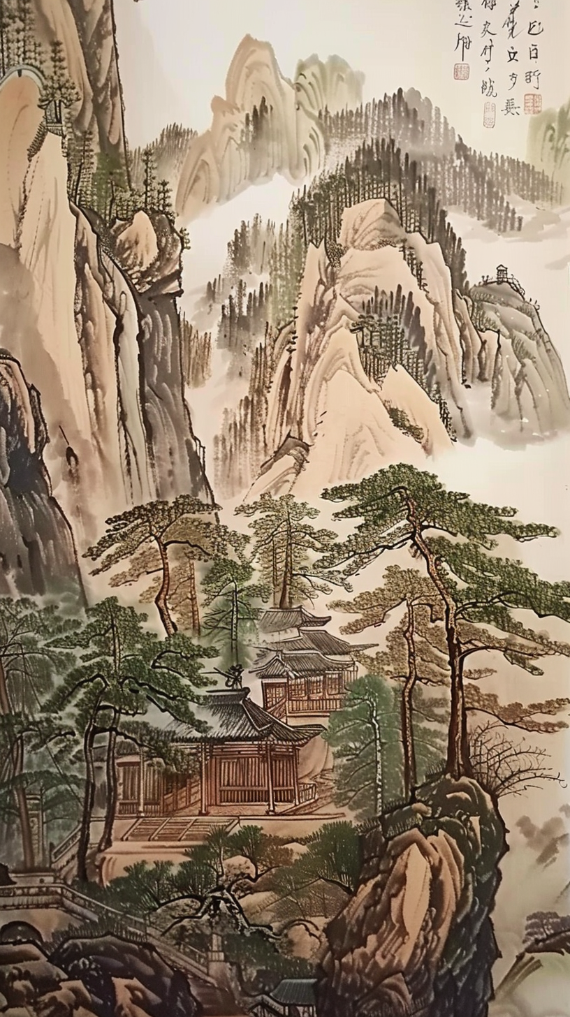 Chinese landscape painting with monks