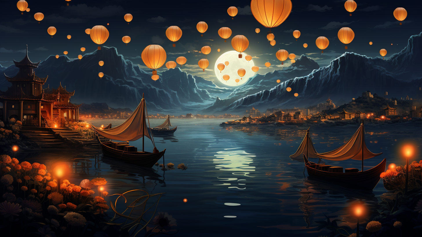 Colorful Chinese Lantern Festival with Floating Boats