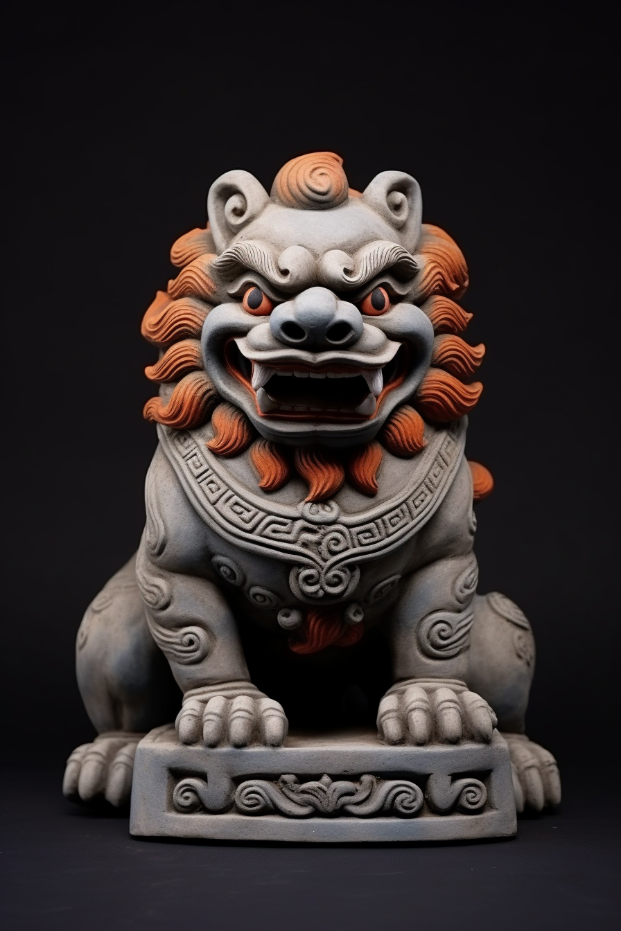 Terracotta Chinese Lion Sculpture on Grey Background