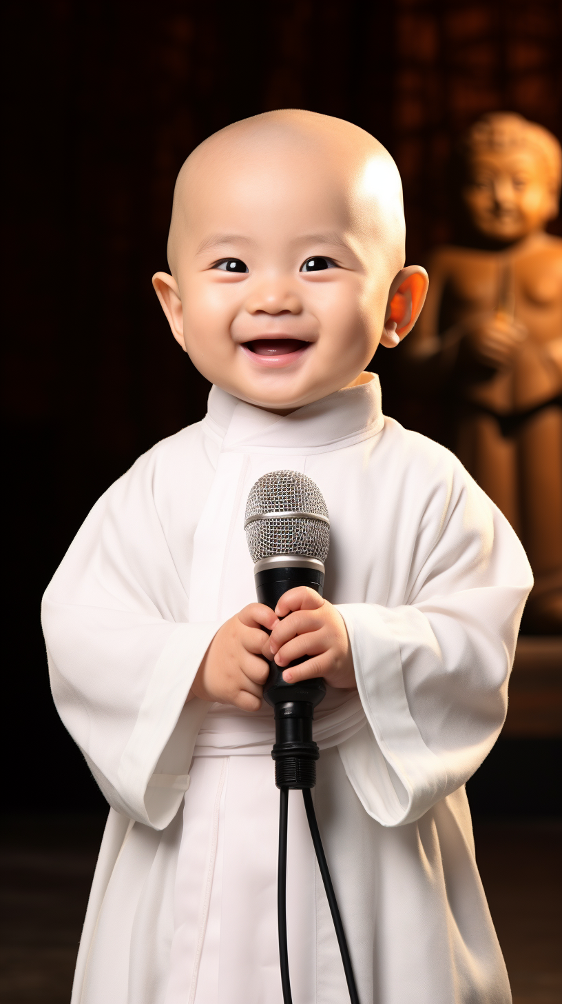 Chinese Little Monk with Microphone, Cute Smile