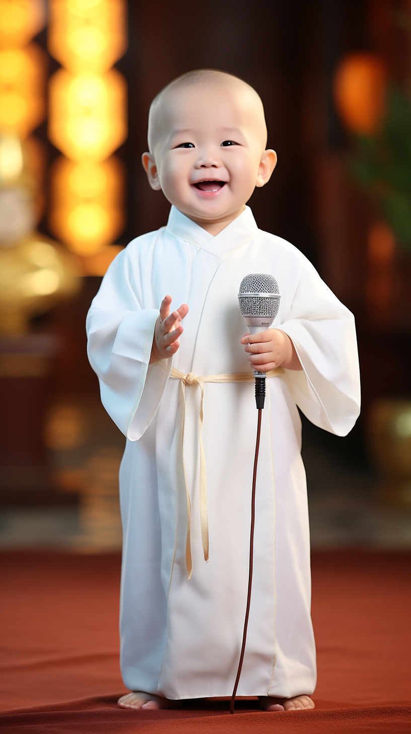 Chinese little monk holding a microphone